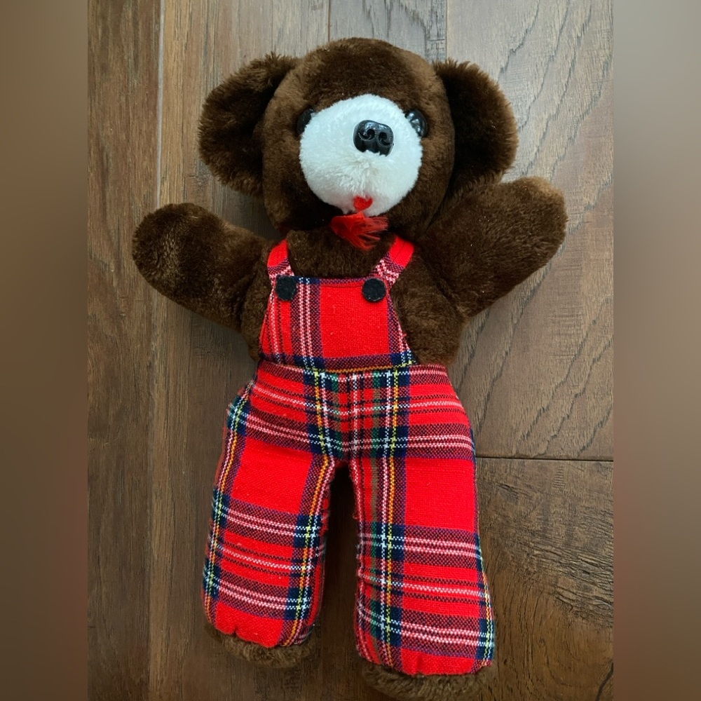 Brown Teddy Bear with Red Plaid Overalls